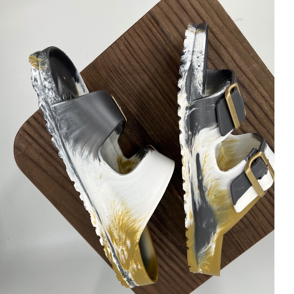 Birkenstock Arizona EVA Sandals Gold Black White Marble Slides 41 L10 M8 - Picture 4 of 6